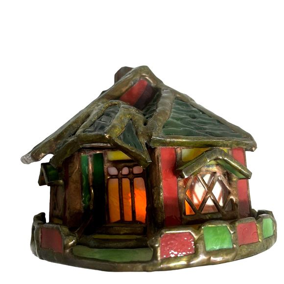 Stained Glass Christmas Cottage Village Illuminated w/ Led Candle One Of A Kind - Picture 1 of 7